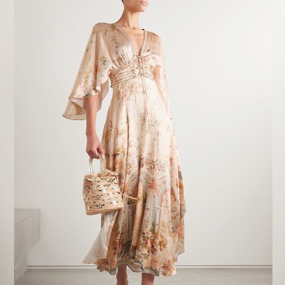 CAMILLA Lace-up crystal-embellished printed silk-satin midi dress - Picture 1 of 11